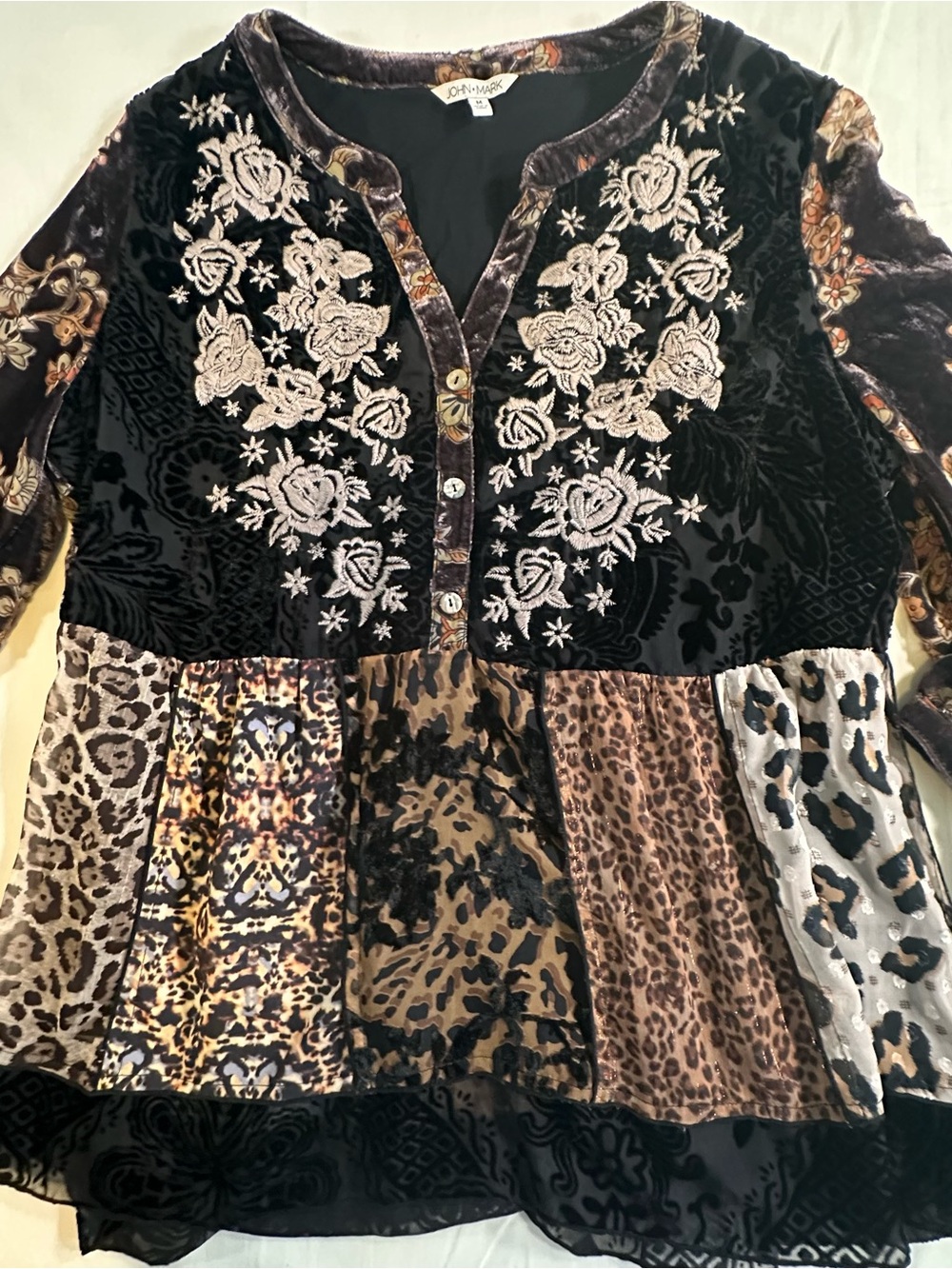 John Mark Velvet Embroidered Patchwork Tunic animal print BoHo country cottage